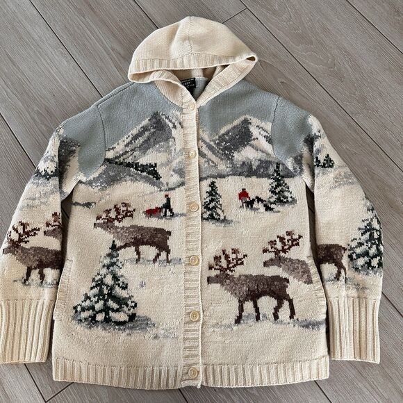 Lauren Ralph Lauren Sweaters - Vintage LRL Ralph Lauren Wool Sweater PL LARGE Hand Knit Mountain Deer Hooded